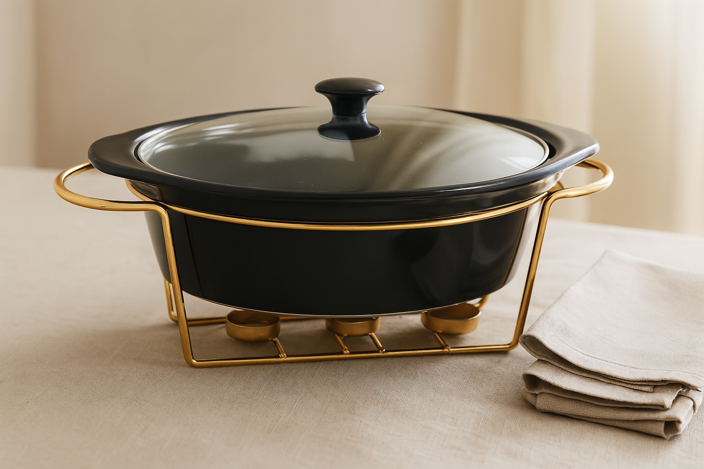 Black casserole dish with gold rim on a beige surface