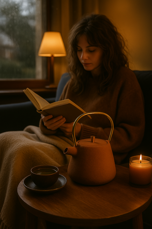 Woman reading a book in a cozy room with a teapot and candle
