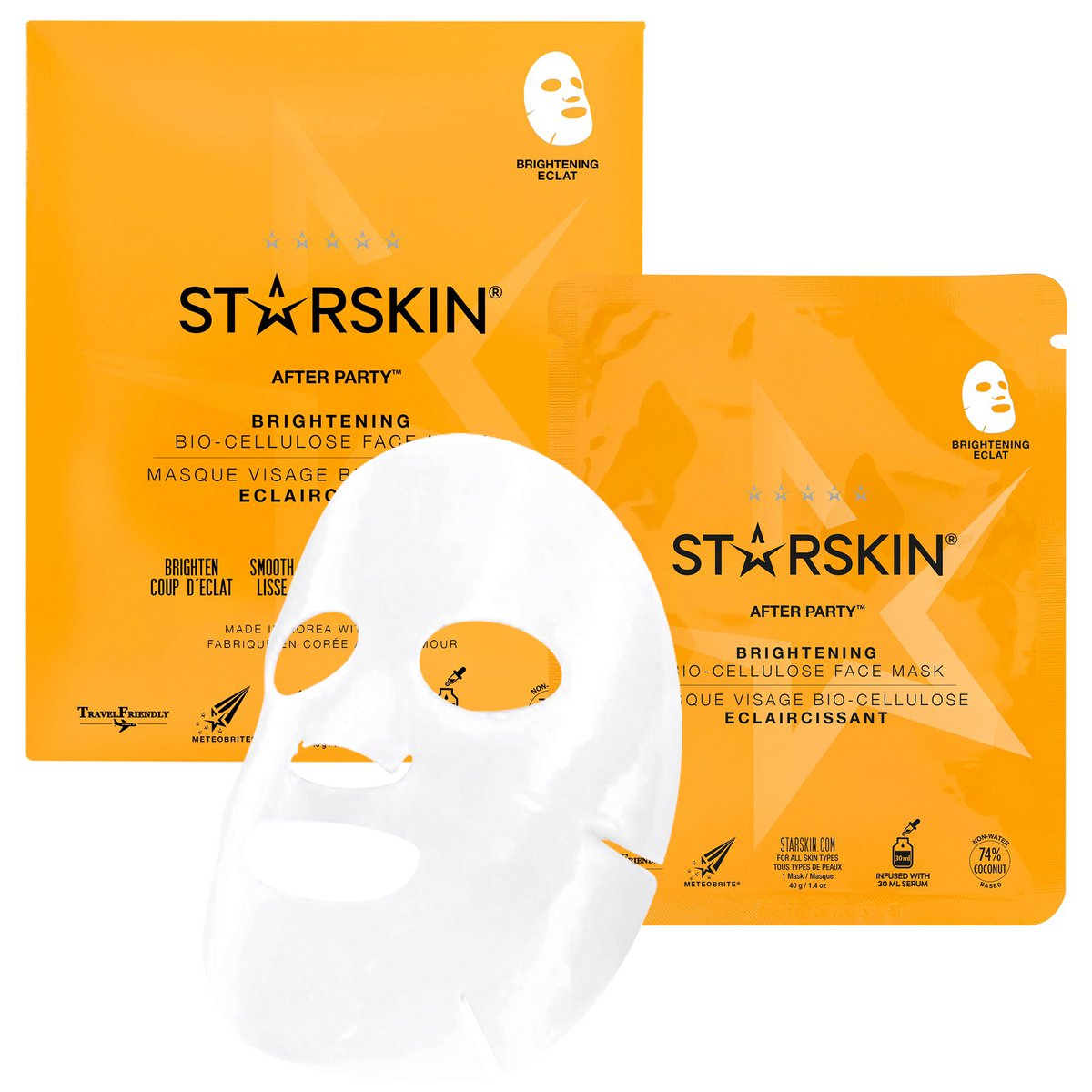 StarSkin brightening bio-cellulose face mask with packaging on a white background