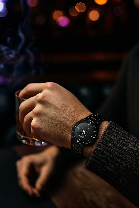 Hand wearing a black watch holding a glass with a blurred background