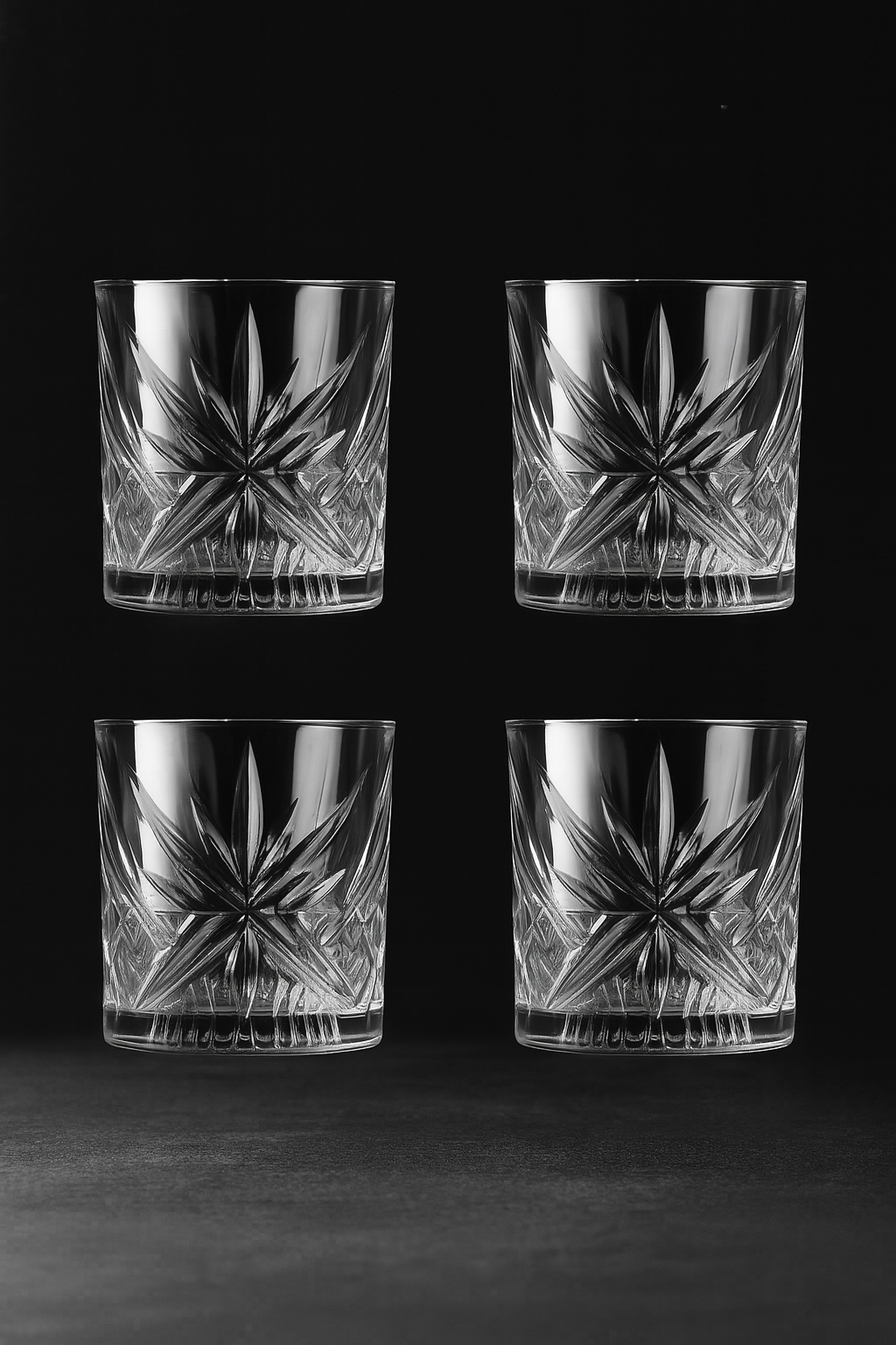 Four crystal glasses with starburst design on a black background