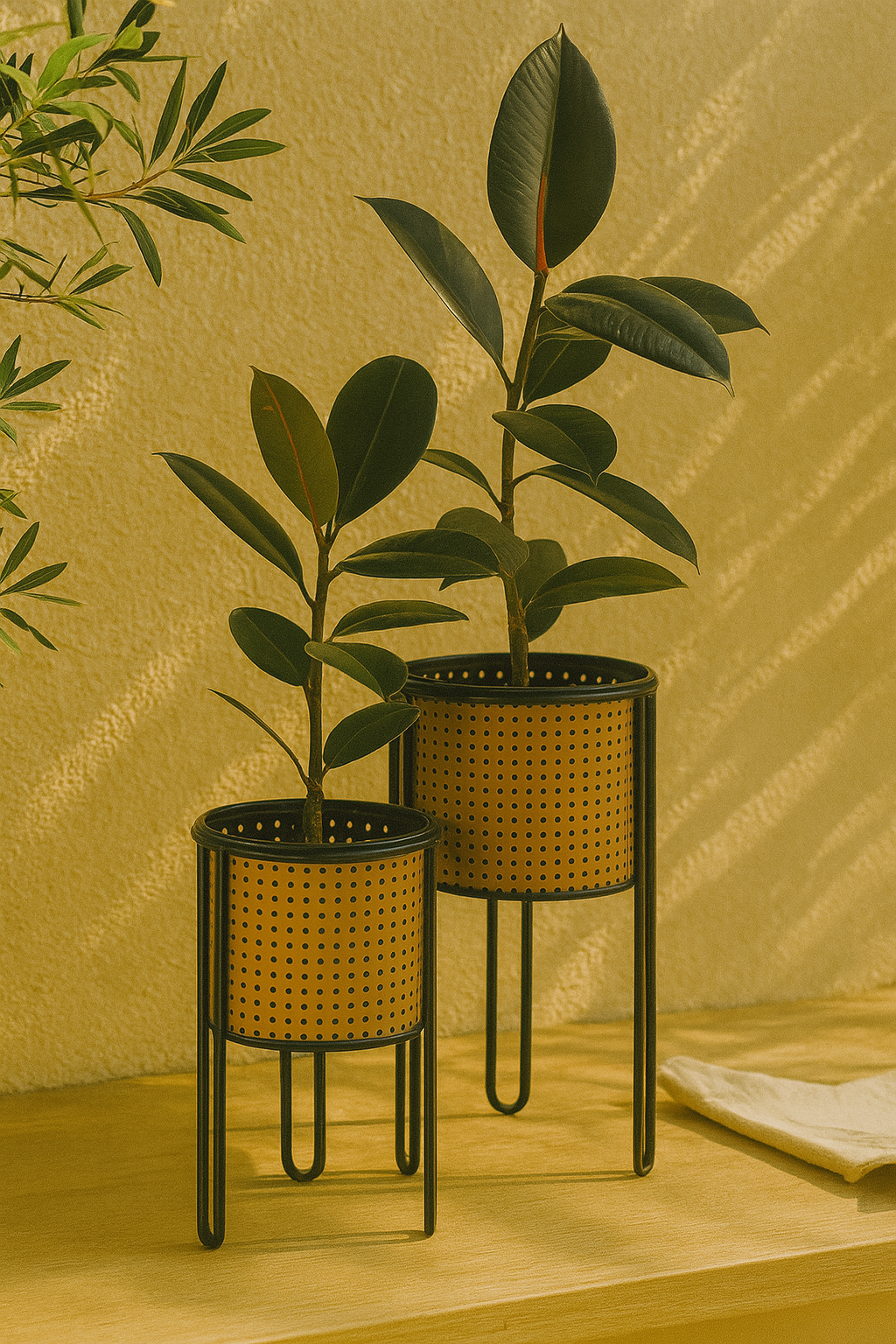 Two potted plants in woven baskets on a wooden surface with a yellowish-brown background
