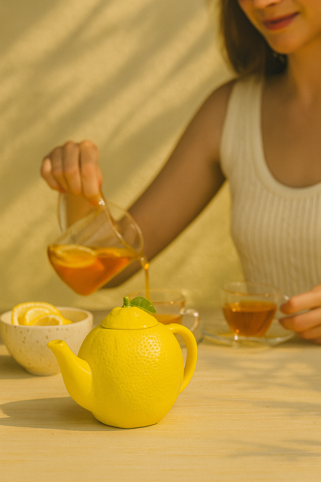 Person pouring tea from a glass teapot into a yellow teapot on a wooden table.