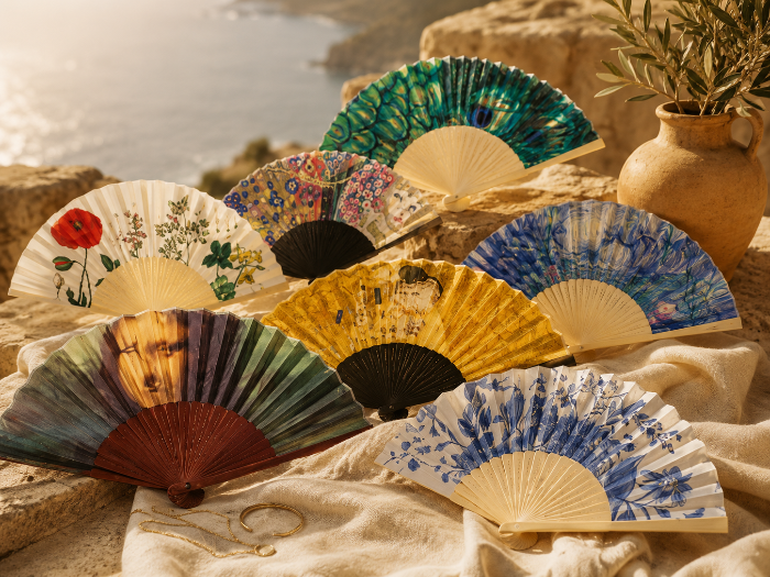 A group of decorative folding fans with various artistic prints and patterns, arranged on a draped beige fabric with a rustic clay pot and warm stone background.