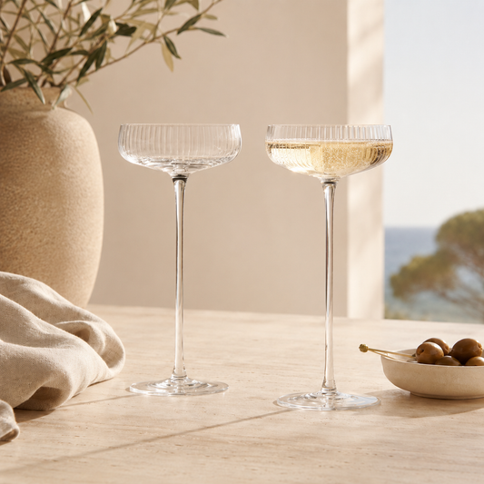 Two clear ribbed-stemmed coupe glasses on a light stone table, with one glass partly filled with pale champagne. A beige vase with branches, a folded beige cloth, and a small dish of olives sit nearby, with a softly blurred outdoor scene in the background.