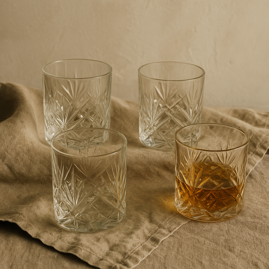 ZAYA x NIRS, whiskey čaše, Pasabahce Cielo, kristalne čaše, čaše za bourbon, poklon za muškarca, kućni bar, retro luksuz, starburst dizajn, čaše s masivnom bazom, staklo koje priča priču