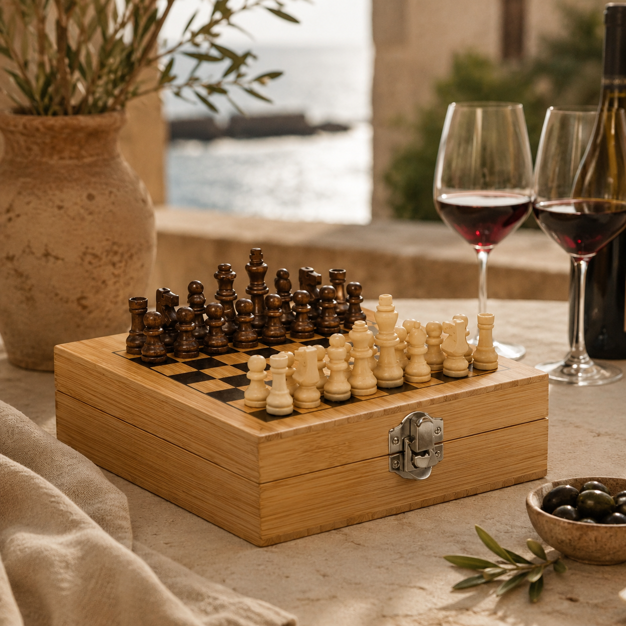 A wooden chess set with dark brown and light beige pieces arranged on a matching chessboard inside a light wood storage box with a metal clasp, set on a table with wine glasses, olives, and a vase in a warm outdoor setting.