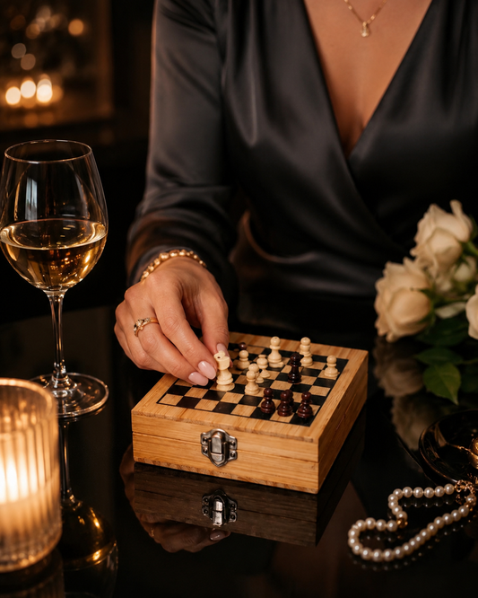 A close-up lifestyle shot of a person's hand placing a chess piece on a small wooden chessboard. The scene is set on a dark reflective table with a glass of white wine, a lit candle, white roses, and a pearl necklace in a warm, dimly lit environment.