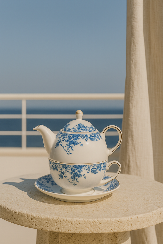 čajnik za jednu osobu, tea for one set, vintage čajnik, porculanski čajnik sa šalicom, čajnik s tanjurićem, čajnik s cvjetnim uzorkom, poklon za ljubitelje čaja, elegantni set za čaj, plavi čajnik, rustic blue tea set, čajnik za poklon, ZAYA porculan, čajna romantika, set za popodnevni čaj