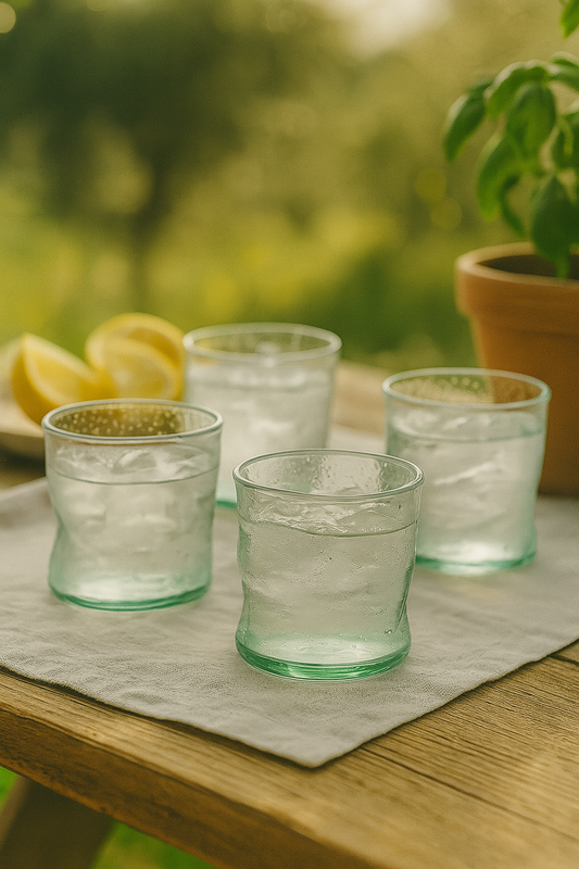 amorf čaše, valovite čaše, reciklirano staklo, boho čaše, ZAYA lifestyle, čaše za vodu i vino, nepravilna forma, piknik čaše, set čaša 4 komada, organski dizajn