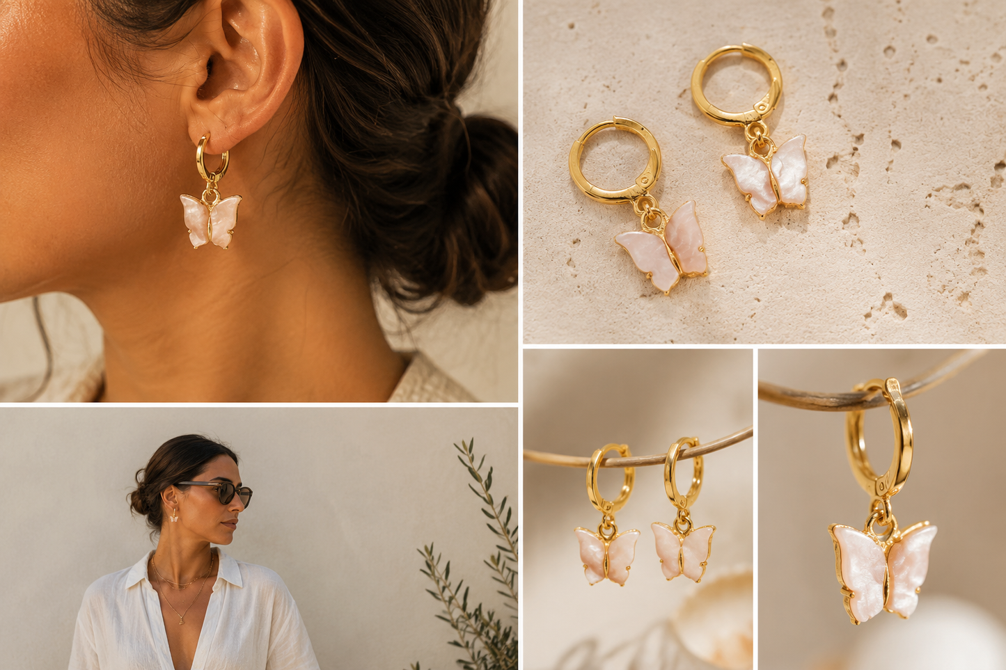 A collage showing gold hoop earrings with dangling mother-of-pearl butterfly charms. One large panel shows a woman wearing the earrings, while the other panels show close-up product views of the earrings on a neutral textured background.