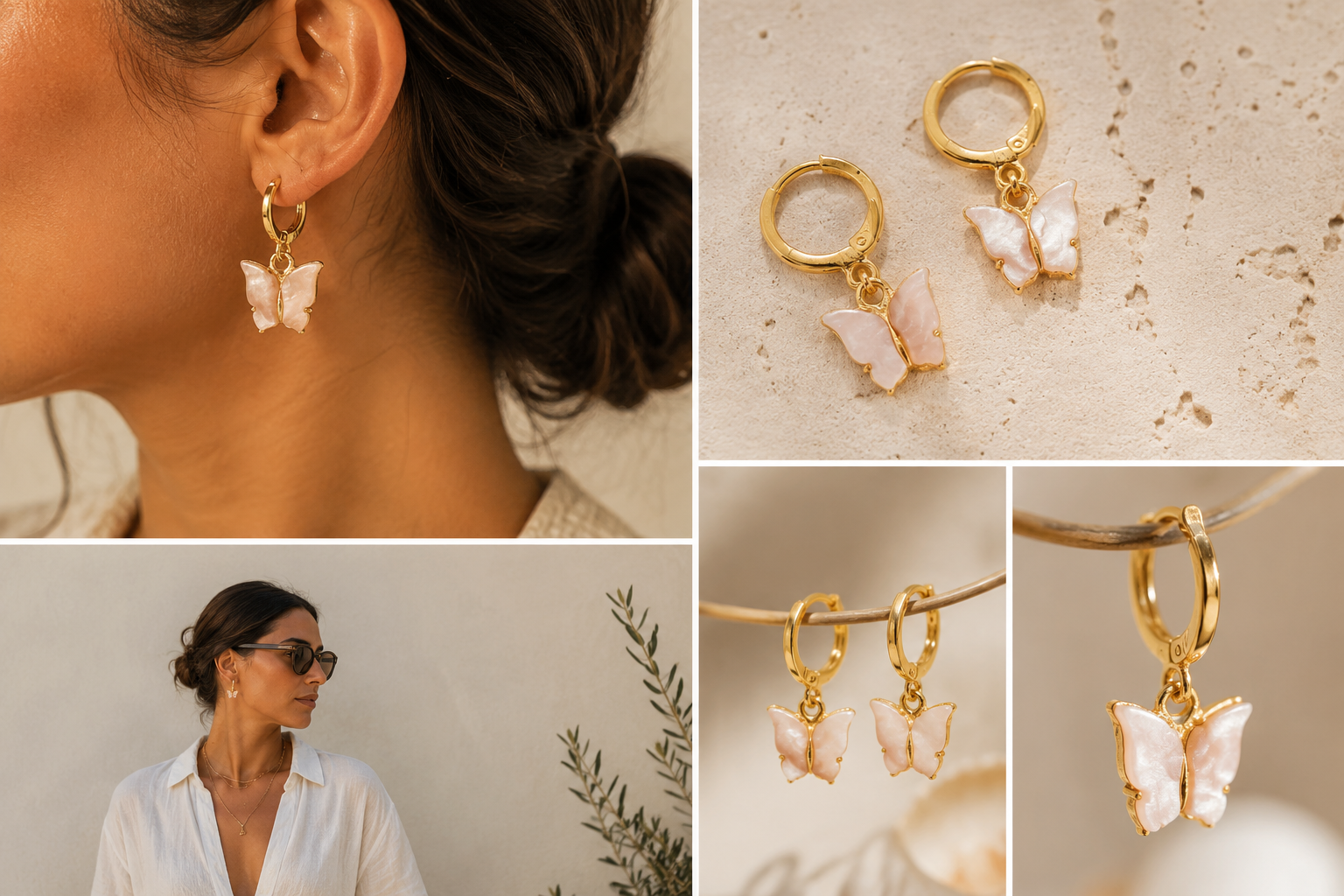 A collage showing gold hoop earrings with dangling mother-of-pearl butterfly charms. One large panel shows a woman wearing the earrings, while the other panels show close-up product views of the earrings on a neutral textured background.
