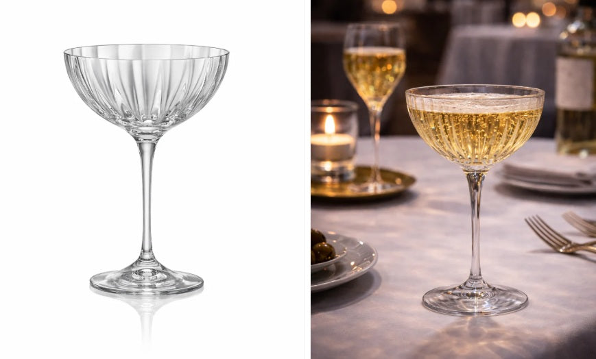 A clear glass coupe-style cocktail glass with vertical fluting, shown on a white background on the left and filled with champagne on a dinner table on the right.