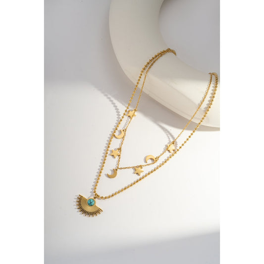 dvostruka zlatna ogrlica, ogrlica mjesec i zvijezda, ZAYA x COSMOS, tirkizni nakit, boho chic ogrlica, layering necklace, celestial necklace, ogrlica s polusuncem, zaya-hr.com, vodootporna ogrlica, francuski nakit, simboličan nakit, astro nakit 2025, poklon za ljubiteljice neba, chic spiritual accessories, modni dodatak s tirkizom, ogrlica s nebeskom temom