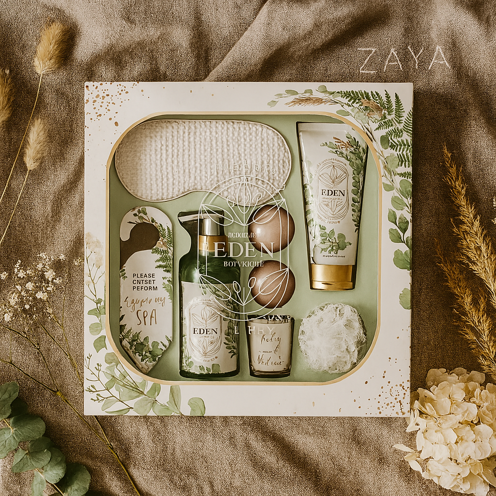 eden poklon set, spa set za žene, wellness set s mirisnom svijećom, self-care set, poklon za opuštanje, kozmetički set s gelom i losionom, zaya spa set, zaya poklon, poklon za nju, poklon za prijateljicu, prirodni miris, svježi miris, zeleno bilje, eden botanique set, gift set sa spužvicom, maska za spavanje, spa kutija