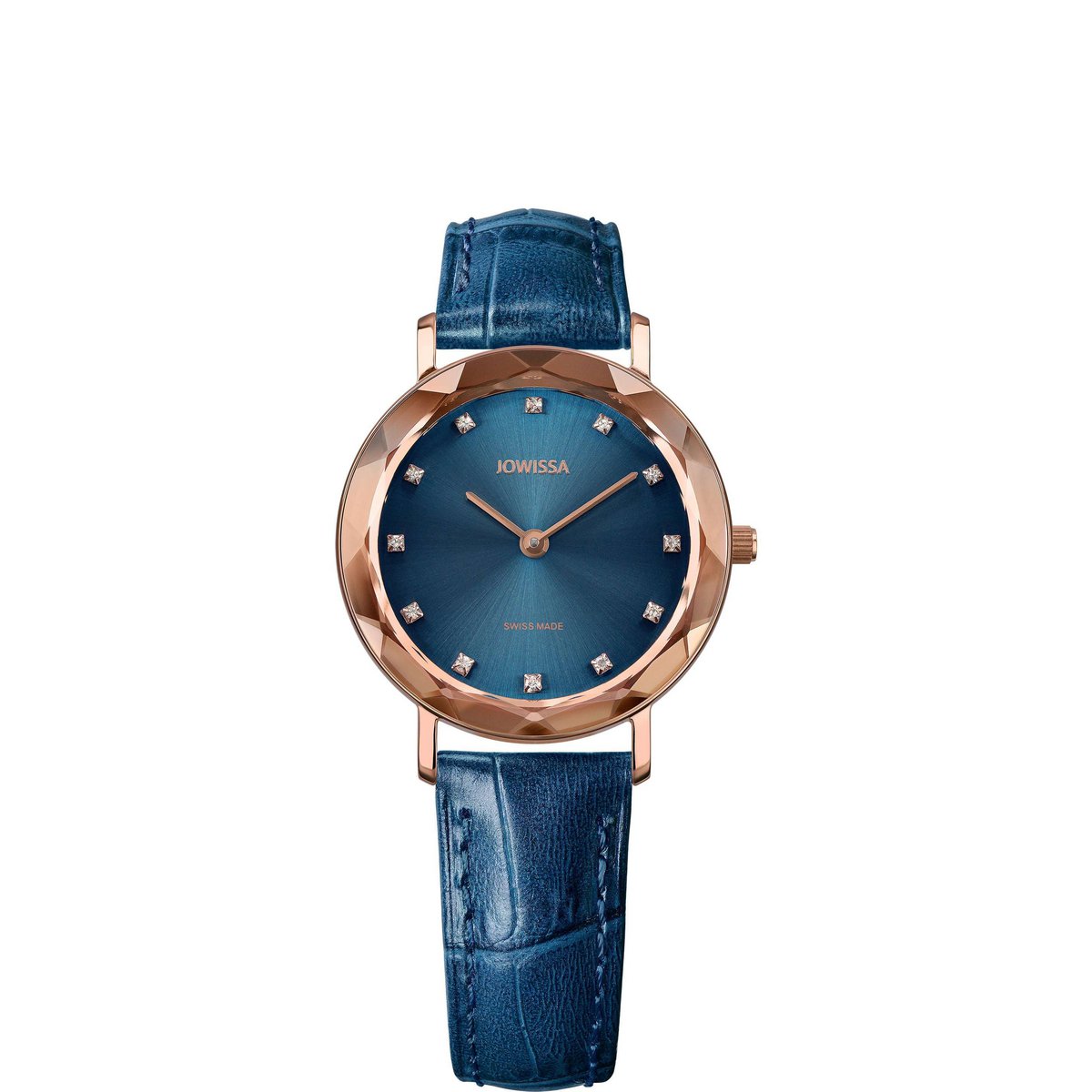 ženski sat s plavim brojčanikom, Aura Jowissa, ZAYA x JOWISSA, swiss made sat, rose gold ženski sat, sat s rhinestone oznakama, kožni remen s efektom bisera, premium sat za žene, švicarski sat s detaljima, zaya-hr.com, chic accessories 2025, ručno sastavljen sat, elegantan poklon za nju, plavi sunray brojčanik, sat s dijamantnim rubom, svakodnevni luksuzni sat, modni dodatak sa stilom