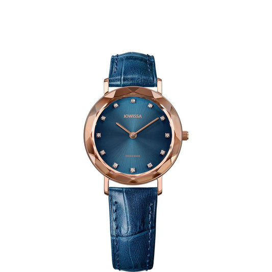 ženski sat s plavim brojčanikom, Aura Jowissa, ZAYA x JOWISSA, swiss made sat, rose gold ženski sat, sat s rhinestone oznakama, kožni remen s efektom bisera, premium sat za žene, švicarski sat s detaljima, zaya-hr.com, chic accessories 2025, ručno sastavljen sat, elegantan poklon za nju, plavi sunray brojčanik, sat s dijamantnim rubom, svakodnevni luksuzni sat, modni dodatak sa stilom