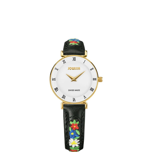 etno ženski sat, švicarski sat s vezenim remenom, Roma Ethno Jowissa, sat s rimskim brojevima, Swiss made watch, zaya-hr.com, zlatni sat s kožnim remenom, sat inspiriran prirodom, švicarsko cvijeće, tradicionalni motivi, elegantan i rustikalan sat, premium poklon za žene, sat s karakterom, chic etno accessories, ručno sastavljen sat, modni dodatak s pričom, heritage style watch