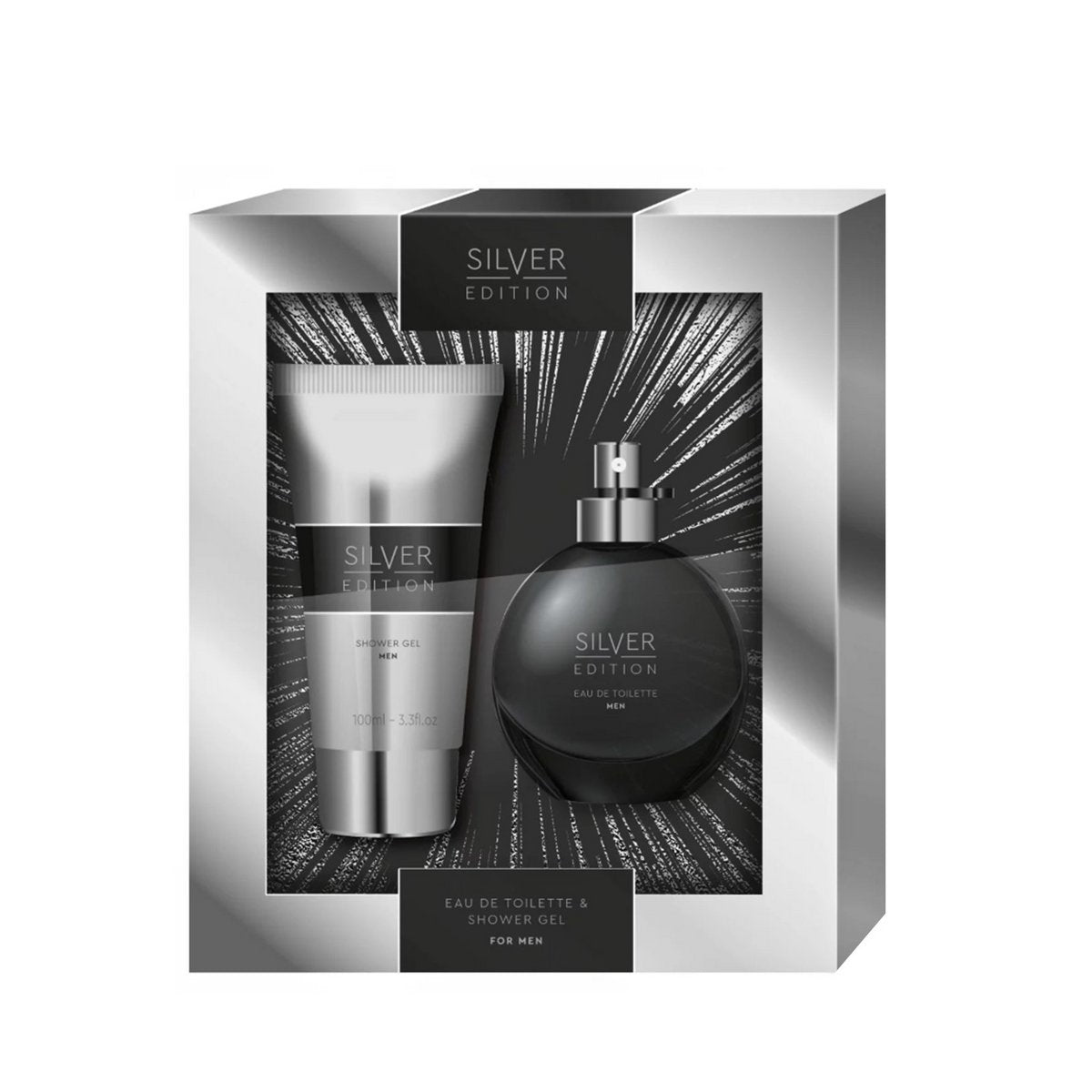 Silver Edition men's grooming set with Eau de Toilette and Shower Gel in packaging