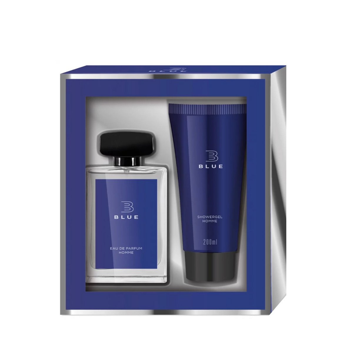 Blue-themed perfume and shower gel set in a box on a white background