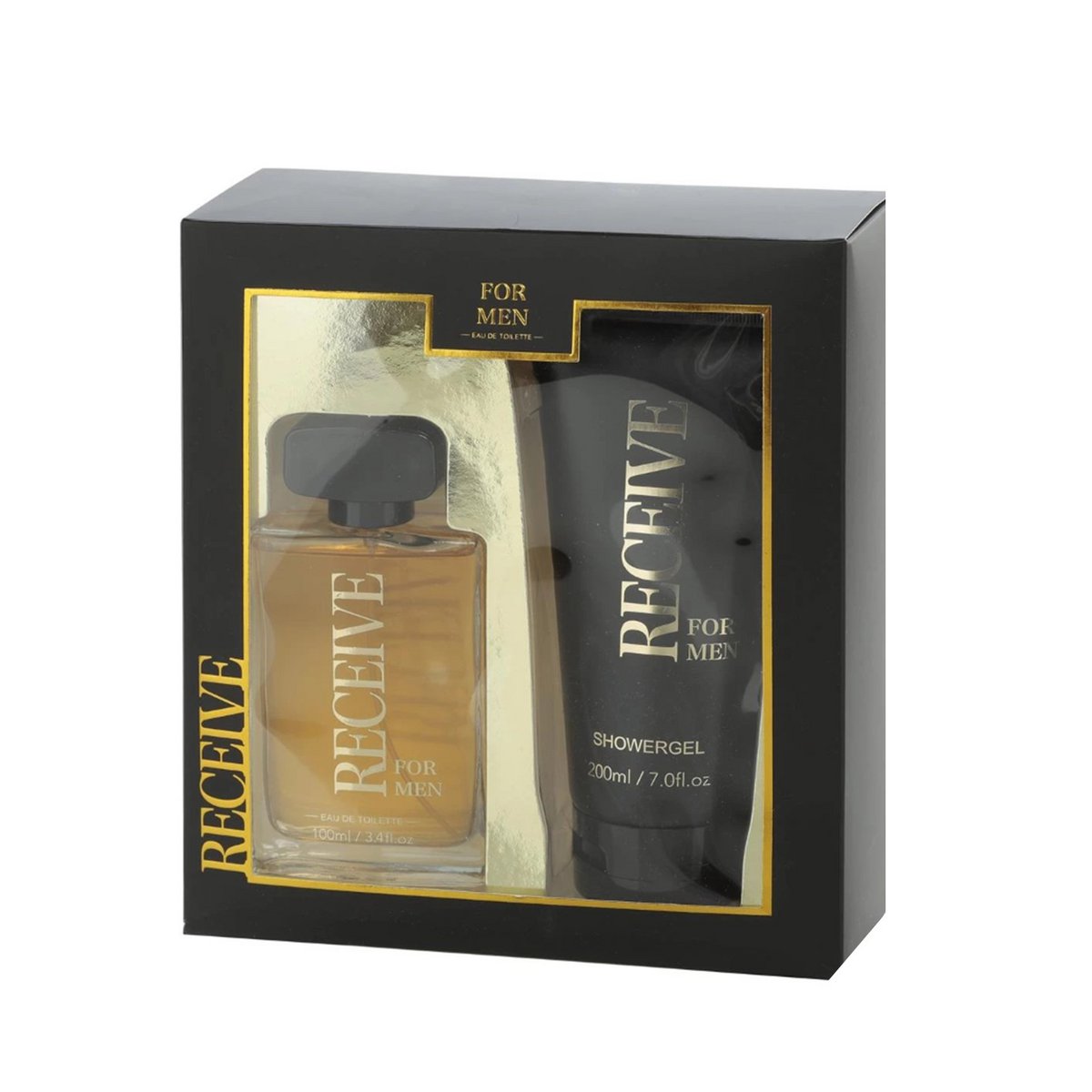 Men's perfume and shower gel set in a black gift box with 'Receive' branding.
