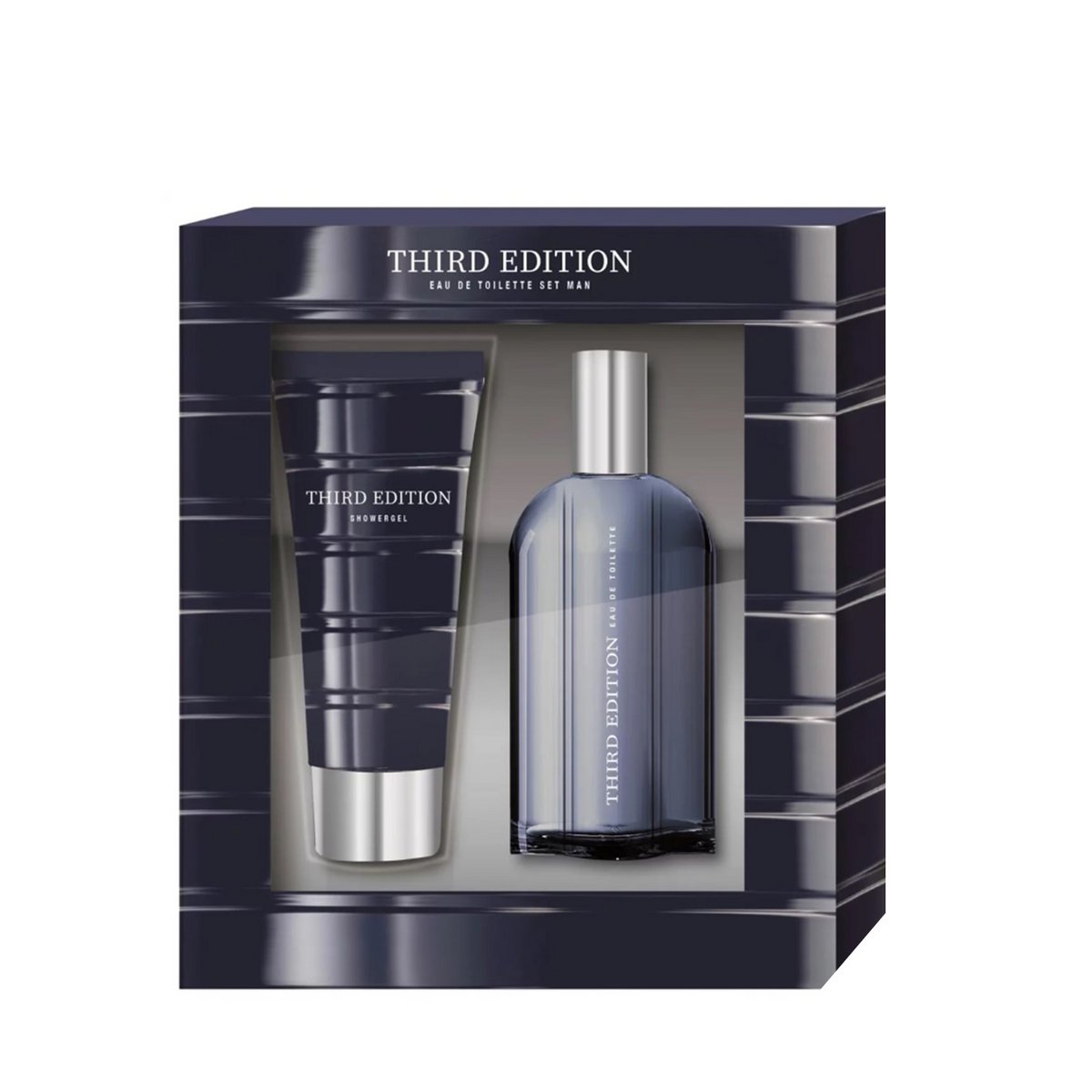 Men's grooming set with bottle and tube in 'Third Edition' packaging on a white background
