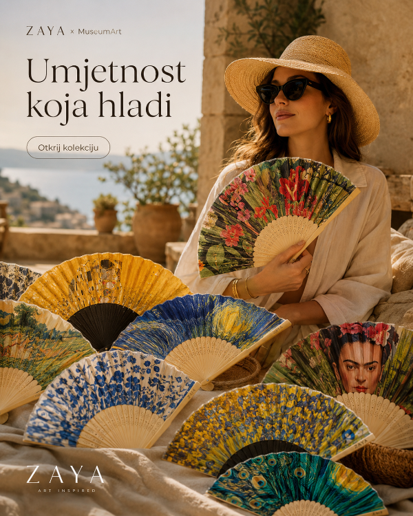 A woman in a straw hat and sunglasses holds a decorative folding fan while surrounded by multiple colorful printed folding fans in an outdoor rustic setting. The image includes the text 'ZAYA x MuseumArt' and 'Umjetnost koja hladi' on the left side.