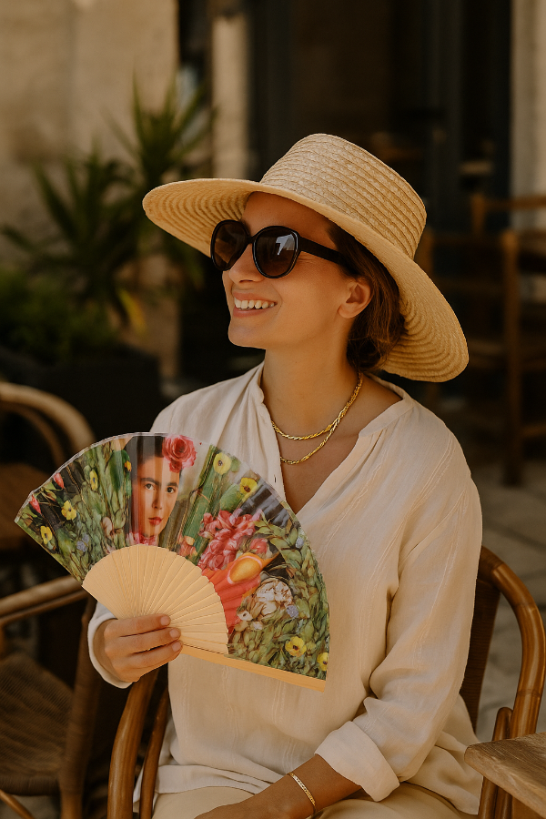 A woman wearing a wide-brimmed straw hat, dark sunglasses, and a cream-colored linen top sits in a wicker chair, holding a colorful printed folding fan.