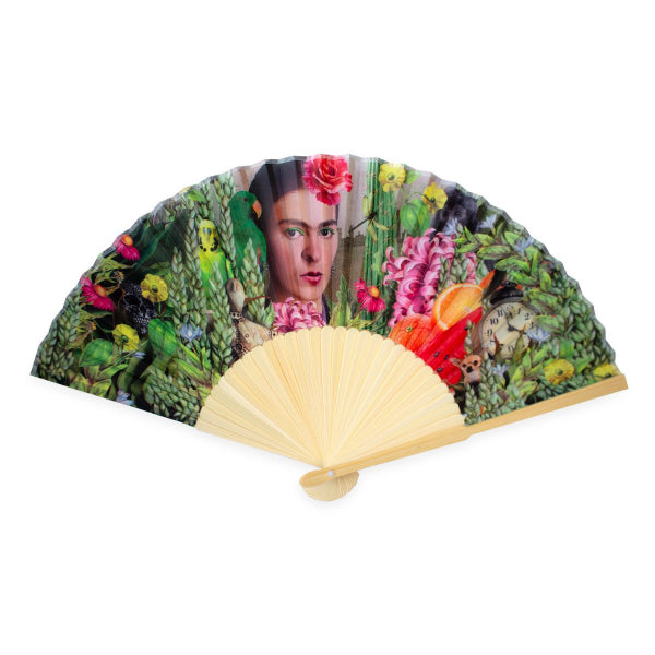 Folding fan with a colorful design featuring a person, plants, and animals on a white background