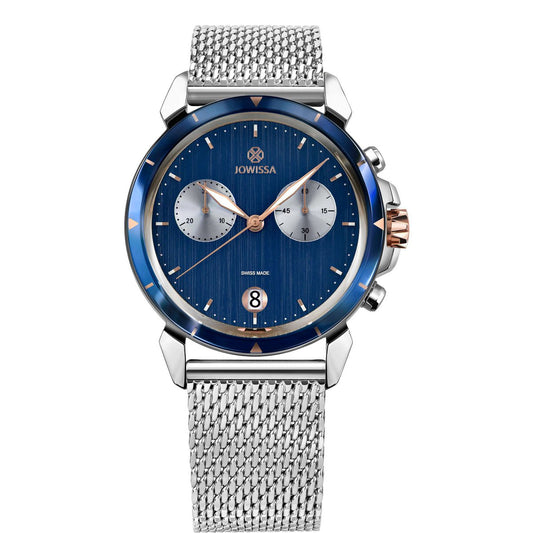 muški švicarski sat, kronograf sat, LeWy 6 Jowissa, swiss made chronograph, zaya-hr.com, sat s mesh narukvicom, premium muški sat, plavi brojčanik, safirno staklo, poslovni muški accessories, sat s datumom i štopericom, ZAYA x JOWISSA, elegantni muški sat, sat za poklon, sat za svakodnevnu eleganciju, ručno sastavljen sat, 2025 muški modni dodatak