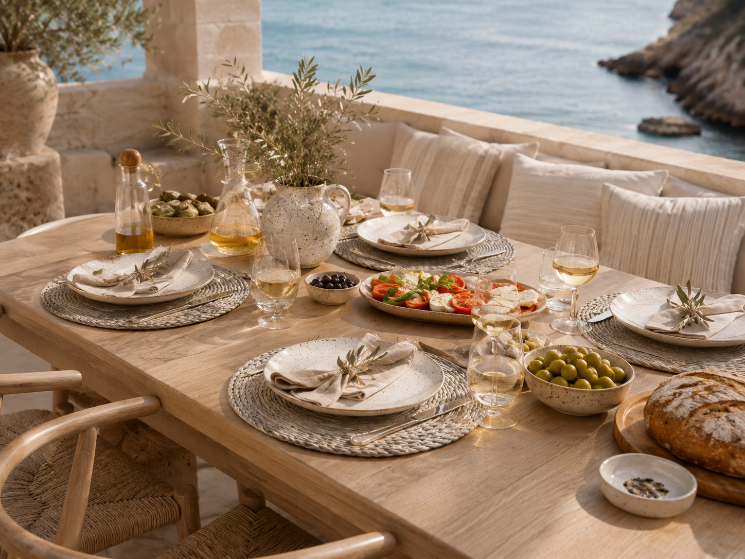 A beautifully styled outdoor dining table set on a stone terrace overlooking the sea. The table is arranged with white ceramic plates, woven round placemats, clear wine glasses, olive branches in a textured vase, bowls of olives, a bottle of olive oil, and a rustic loaf of bread.