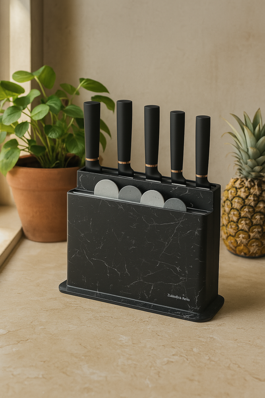 set kuhinjskih noževa, noževi s daskama, crni stalak za noževe, premium kuhinjski set, set noževa s postoljem, noževi za apartmane, poklon za useljenje, profesionalni kuharski noževi, stalak s daskama za rezanje, funkcionalni stalak za kuhinju, elegantni kuhinjski dodatak, mramorni stalak za noževe, kuhinjski pribor ZAYA, organizacija kuhinje, set noževa s ikonama