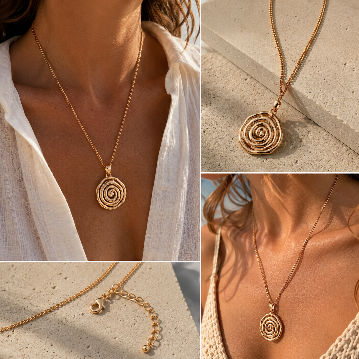 A collage showing a gold spiral pendant necklace worn on a model, with close-up views of the pendant, chain, and clasp against a light stone background.