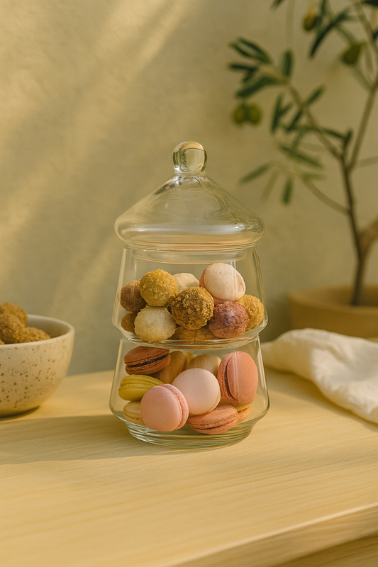  staklena stalaža za slatkiše, posuda za macarons, staklenka s poklopcem, dekor za stol, ZAYA stil, poklon za domaćicu, posuda za kolače, vintage čar, moderna prezentacija slastica