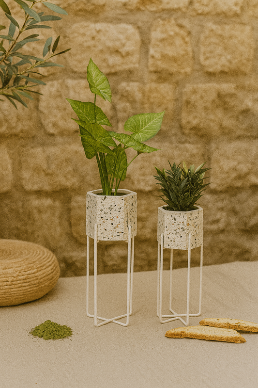terrazzo pitar, set ukrasnih vaza, keramički pitar, dekor za biljke, terrazzo uzorak, pitar za dnevni boravak, pitar za terasu, ZAYA dekor, vaza za apartmane, boho dekoracija, keramičke posude za cvijeće